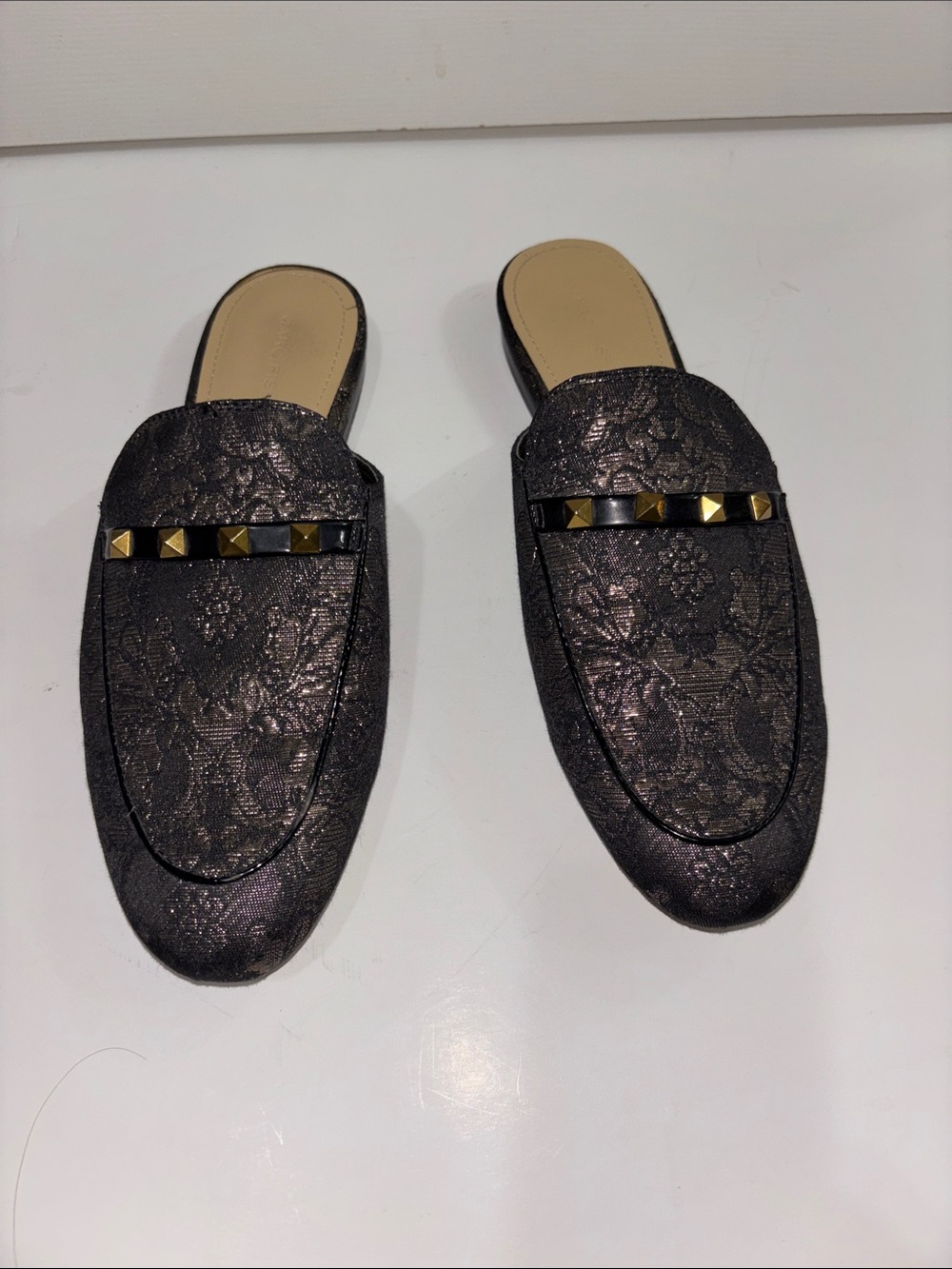 Marc Fisher Black Lace-Textured Studded Mule